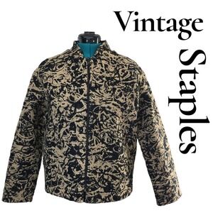 Staples Vintage Swirl Mesh Zip Up‎ Jacket Black Tan Abstract Print Size M